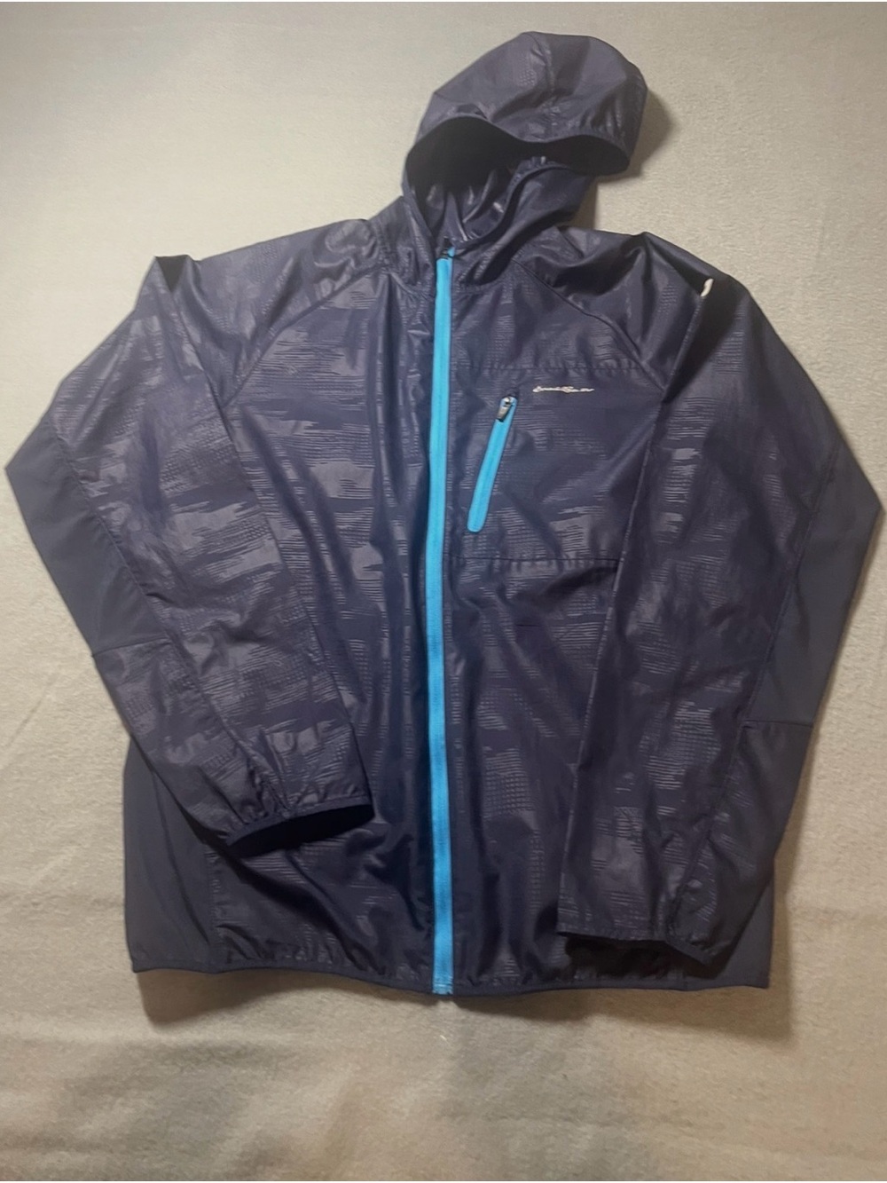 Eddie Bauer Navy Hooded Rain Jacket with Bright Blue Zipper